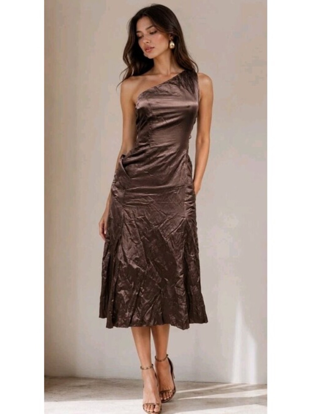 KAIMILLA Women's Dress Size 4 One Shoulder Wrinkled Metallic Brown #03